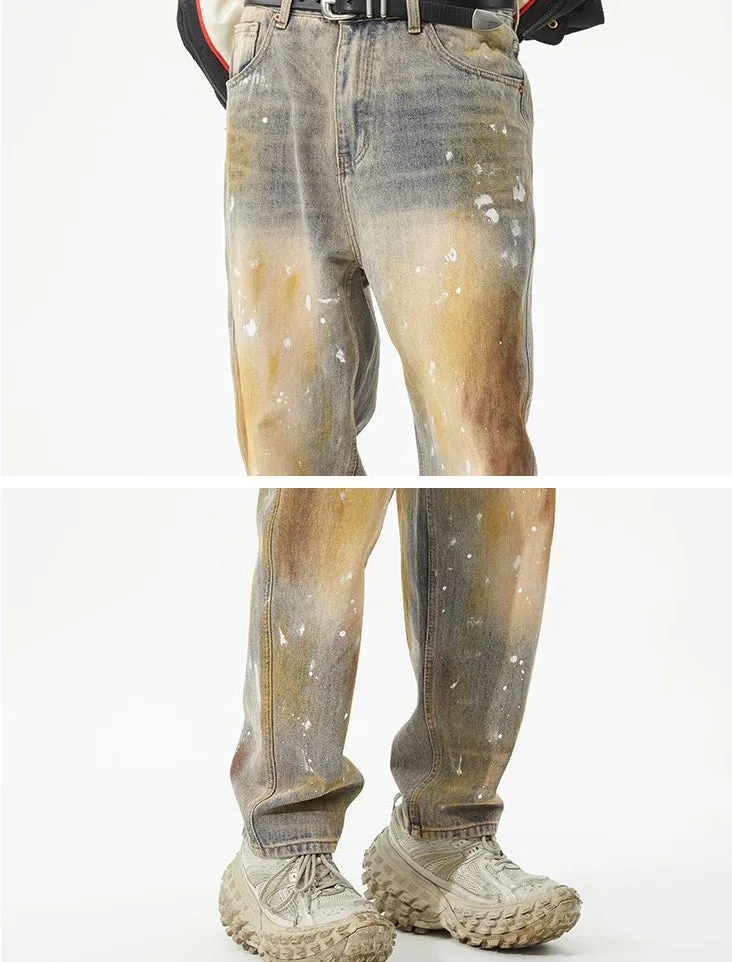 Relaxed Fit Washed Cotton Jeans with Unique Splash Pattern