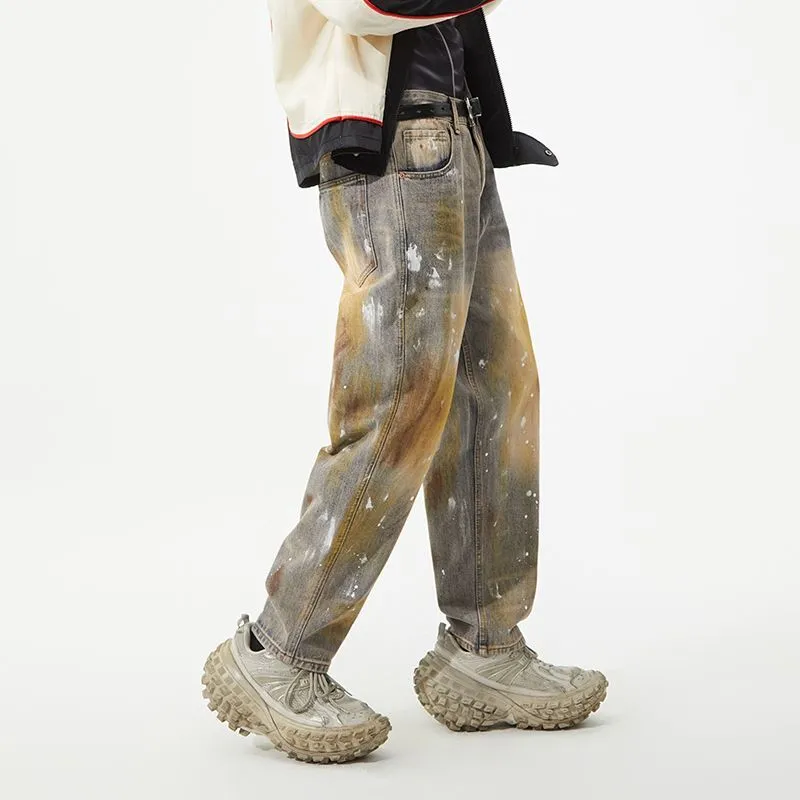 Relaxed Fit Washed Cotton Jeans with Unique Splash Pattern