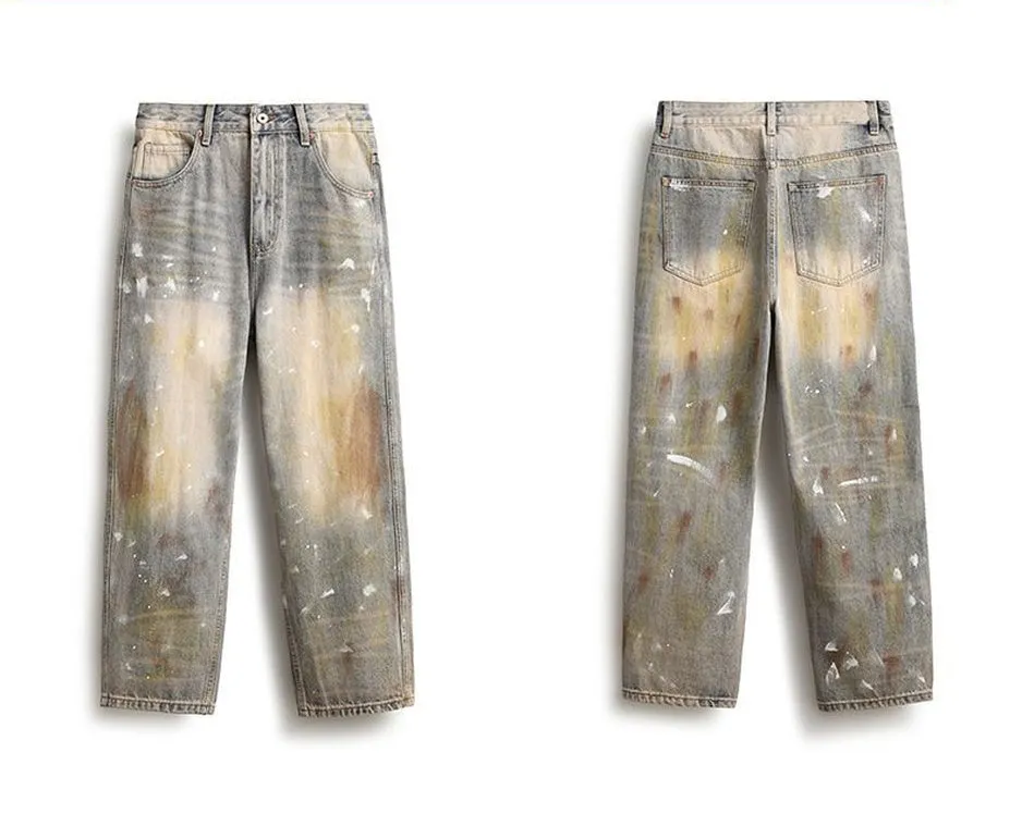 Relaxed Fit Washed Cotton Jeans with Unique Splash Pattern