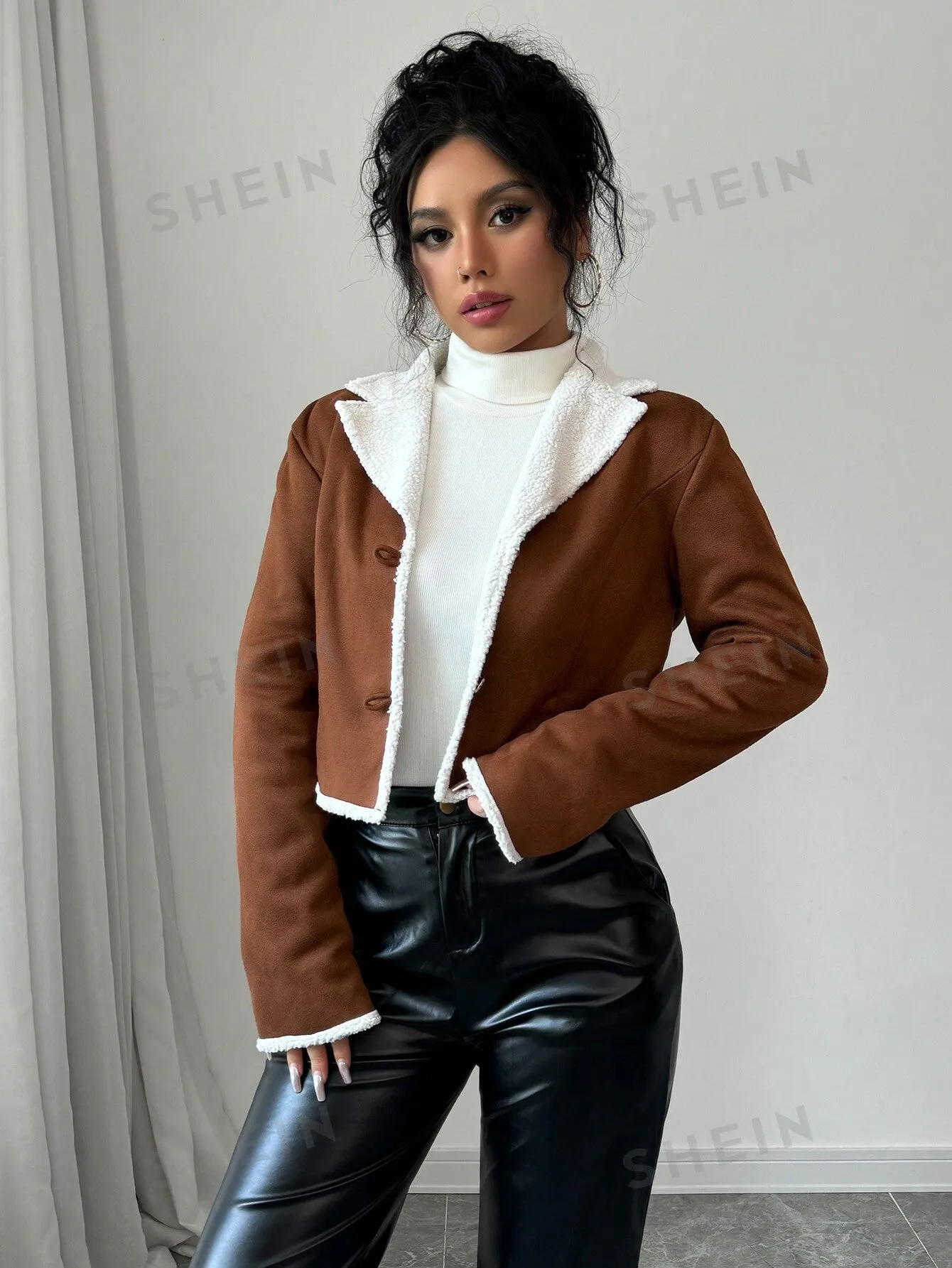 Relaxiva 1pc Women's Autumn/Winter Fashion Contrast Color Collar Fleece Cropped Jacket