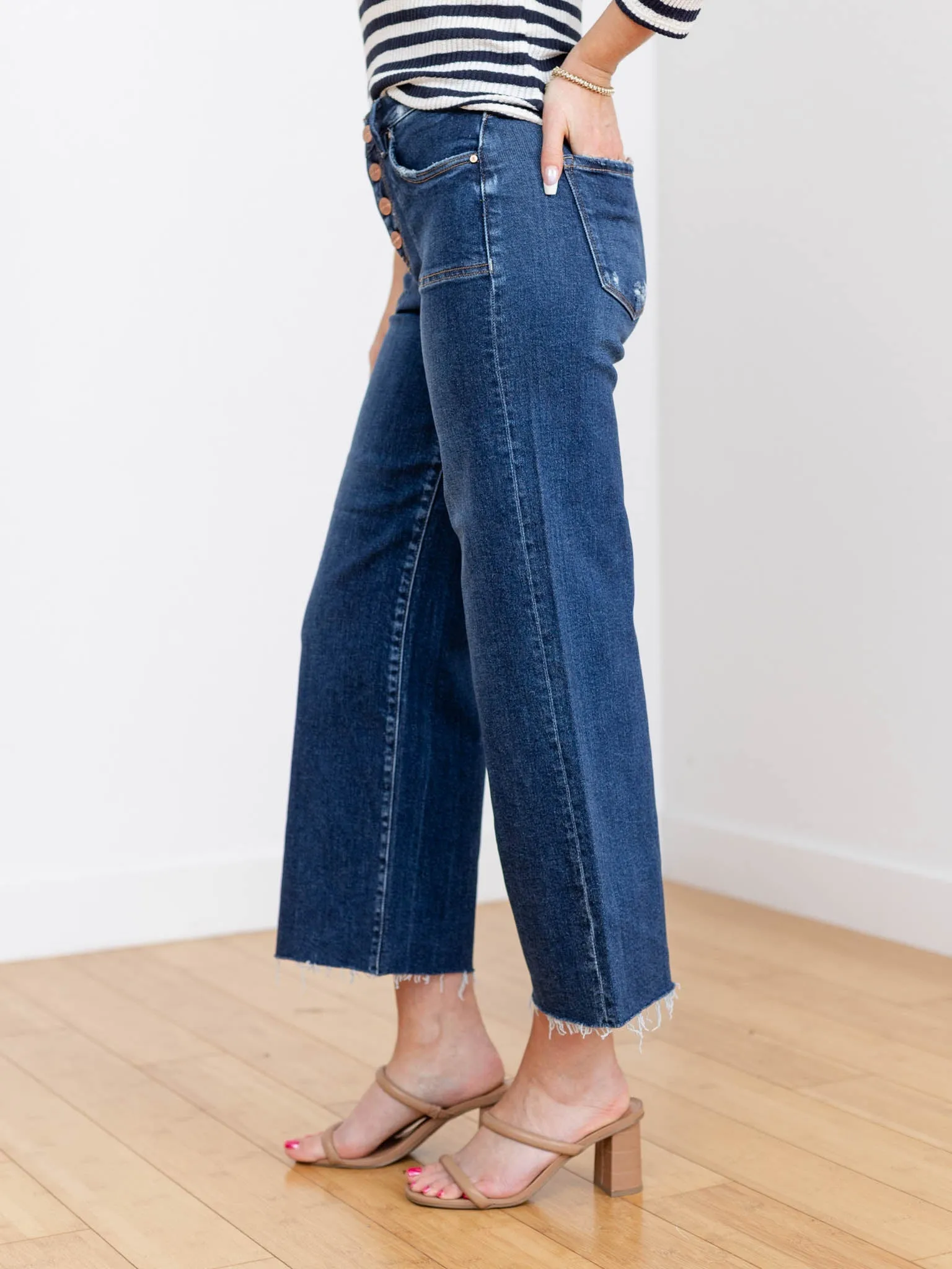 RISEN Dark High Rise Crop Button Up Jean