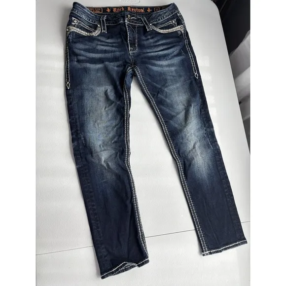 Rock Revival Jeans Womens 31 Blue Mei Skinny Stretch Denim Distressed