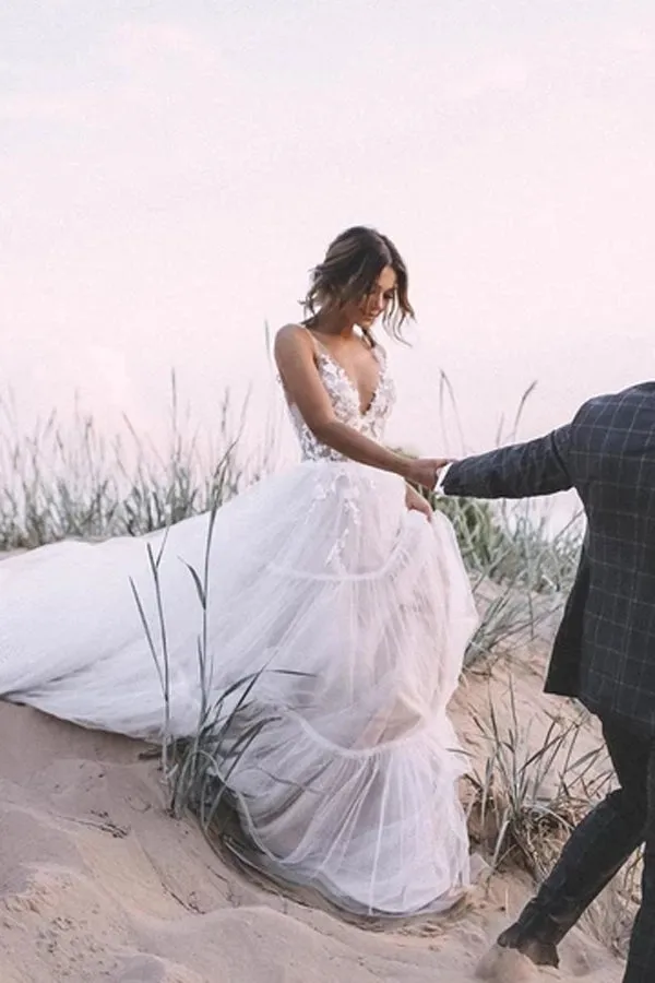 Roycebridal Layered Tulle Unlined Lace Wedding Ball Gown with Deep V-neck Wedding Dresses,MW371