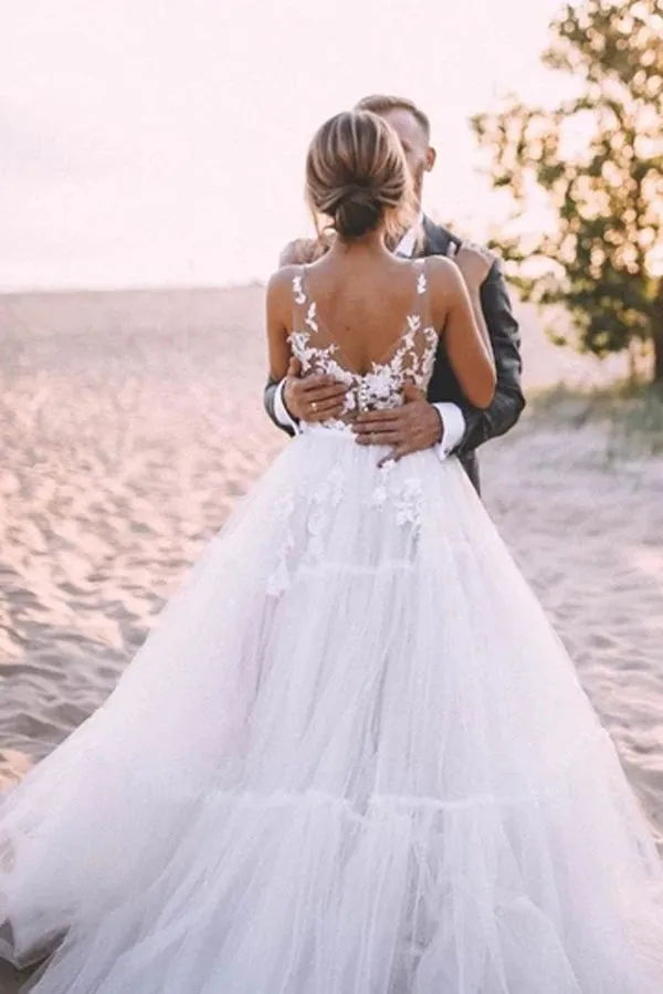 Roycebridal Layered Tulle Unlined Lace Wedding Ball Gown with Deep V-neck Wedding Dresses,MW371