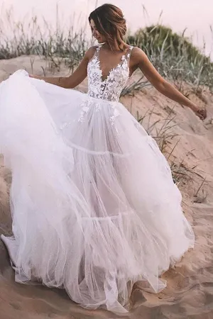 Roycebridal Layered Tulle Unlined Lace Wedding Ball Gown with Deep V-neck Wedding Dresses,MW371