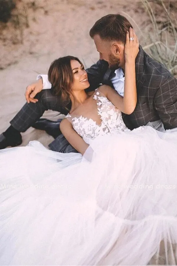 Roycebridal Layered Tulle Unlined Lace Wedding Ball Gown with Deep V-neck Wedding Dresses,MW371