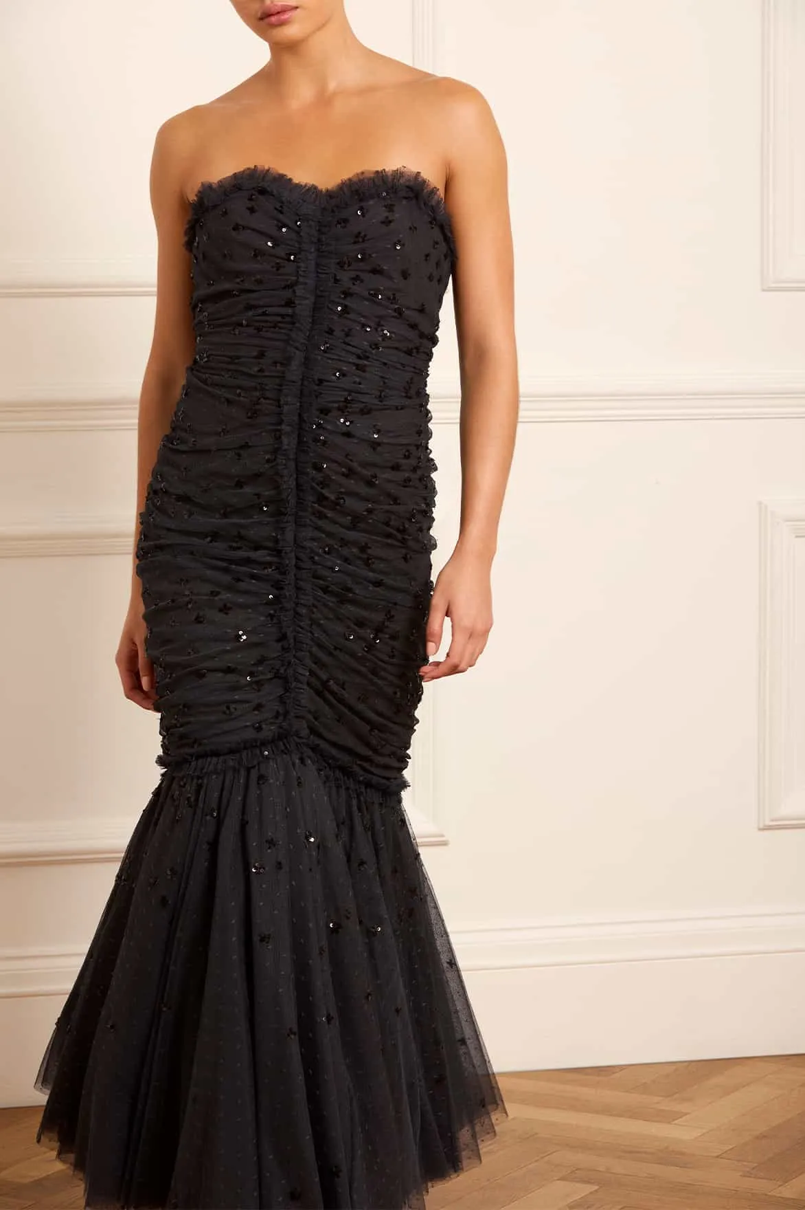 Scatter Sequin Strapless Ankle Gown
