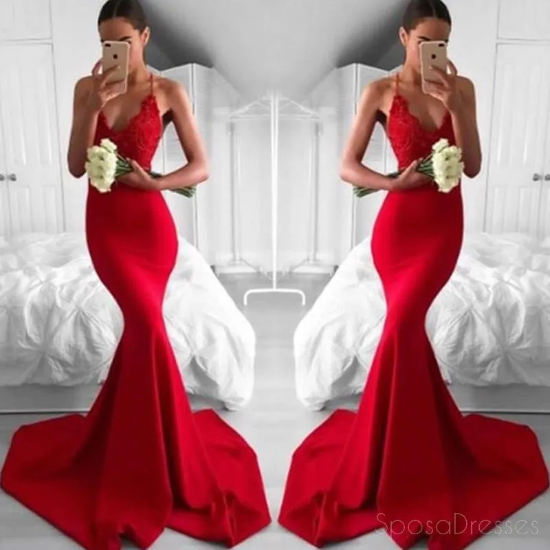Sexy Red Mermaid Lace Evening Prom Dresses, Popular Bright Red Party Prom Dresses, Custom Long Prom Dresses, Cheap Formal Prom Dresses, 17197