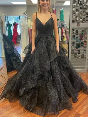 Shiny V Neck Layered Black Tulle Long Prom Dress, Black Formal Evening Dress, Black V Neck Ball Gown