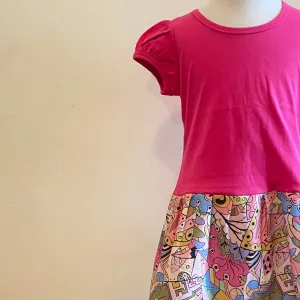 Short Sleeve Winnie Dress - PINK WITH RETRO FLORAL