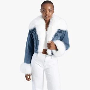Sissy Boy Womens Denim Cropped Jacket Faux Fur Collar Cuff Blue