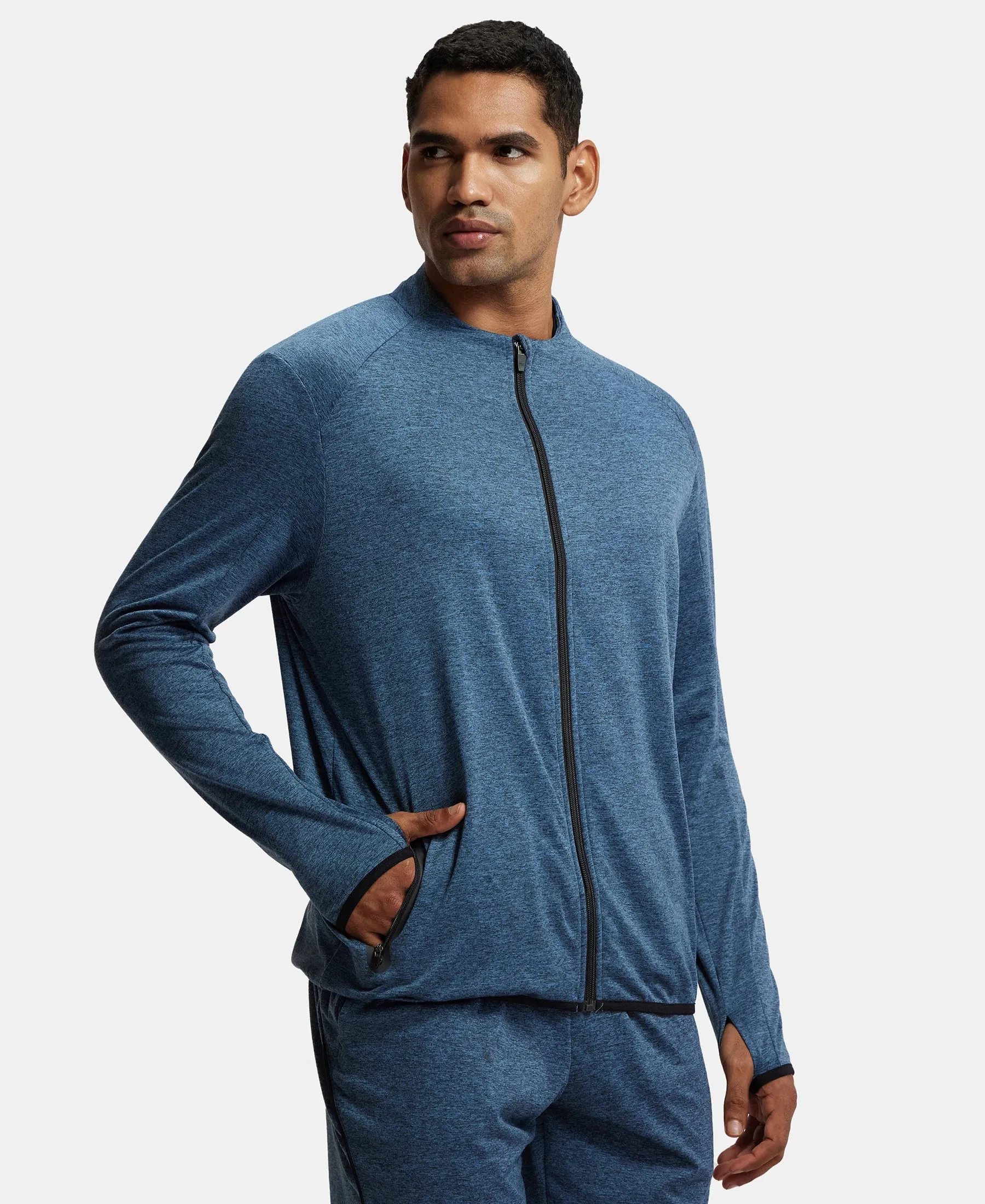 Soft Touch Microfiber Elastane Stretch Jacket with Thumbhole Styling - Blue Marl