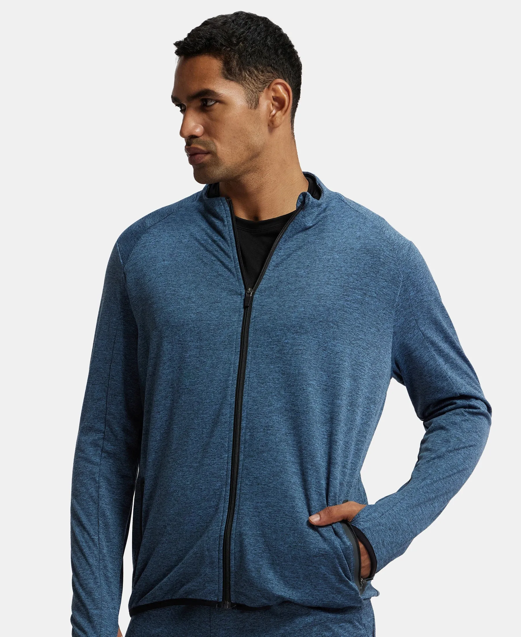 Soft Touch Microfiber Elastane Stretch Jacket with Thumbhole Styling - Blue Marl