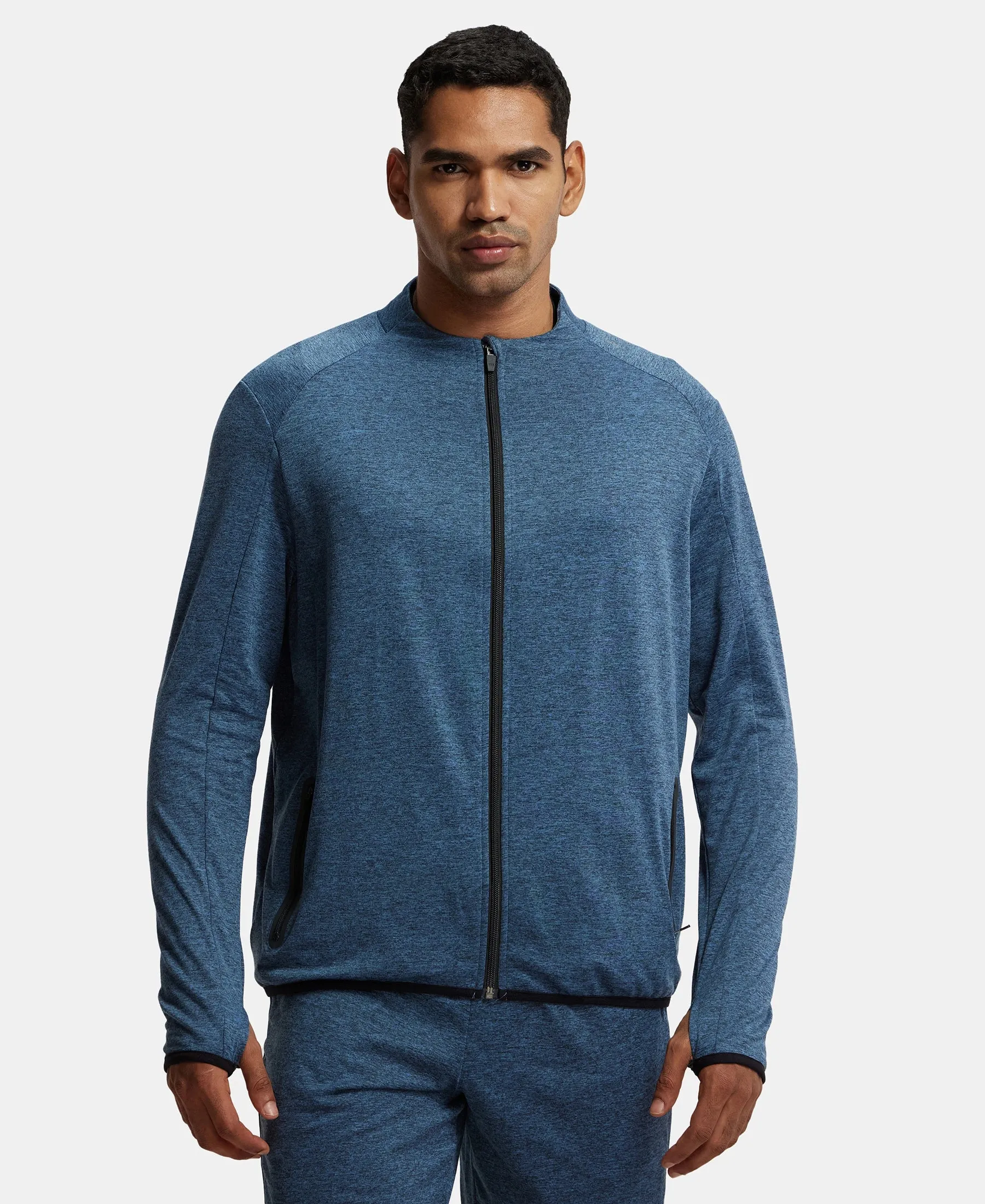 Soft Touch Microfiber Elastane Stretch Jacket with Thumbhole Styling - Blue Marl