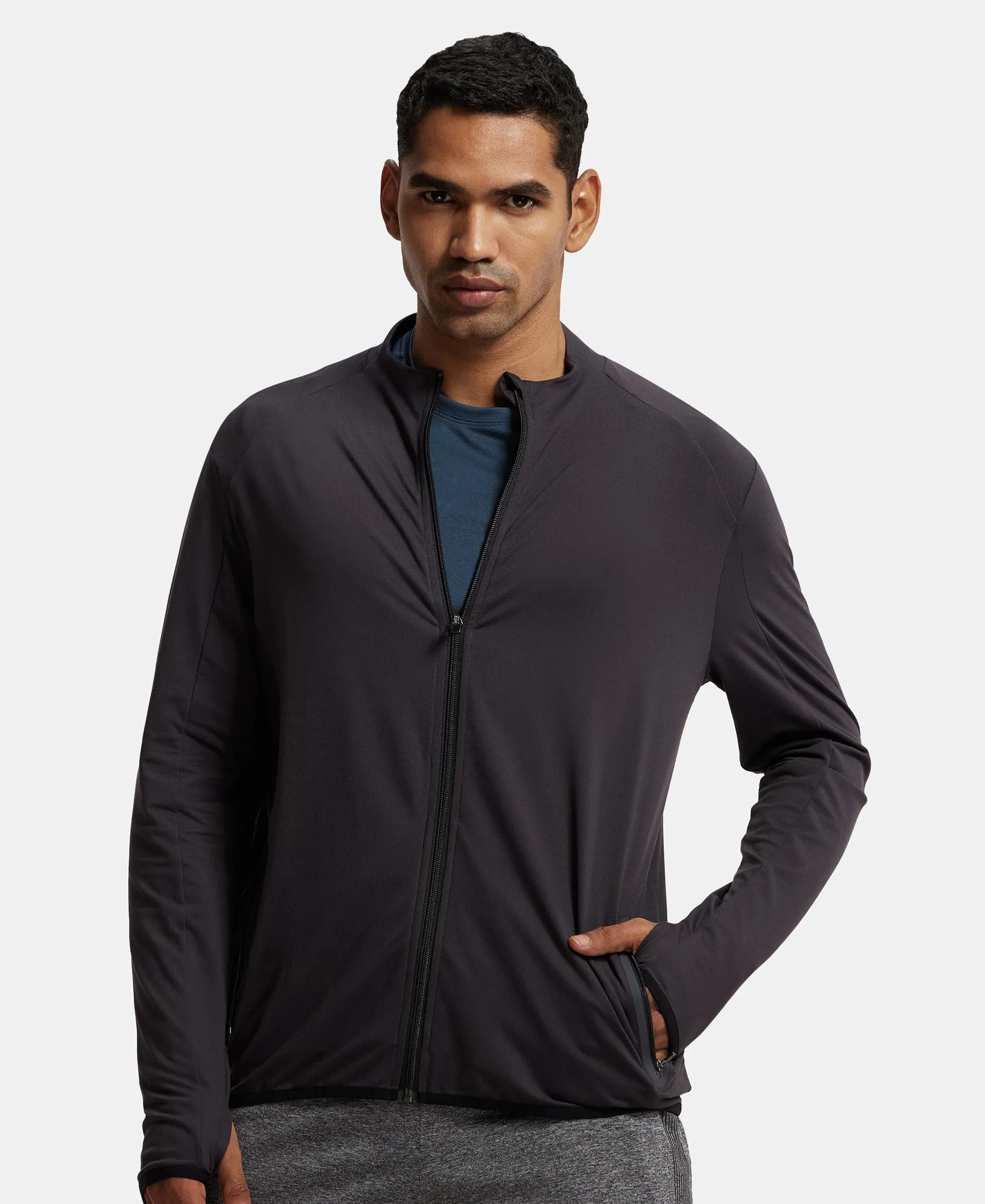 Soft Touch Microfiber Elastane Stretch Jacket with Thumbhole Styling - Obsidian