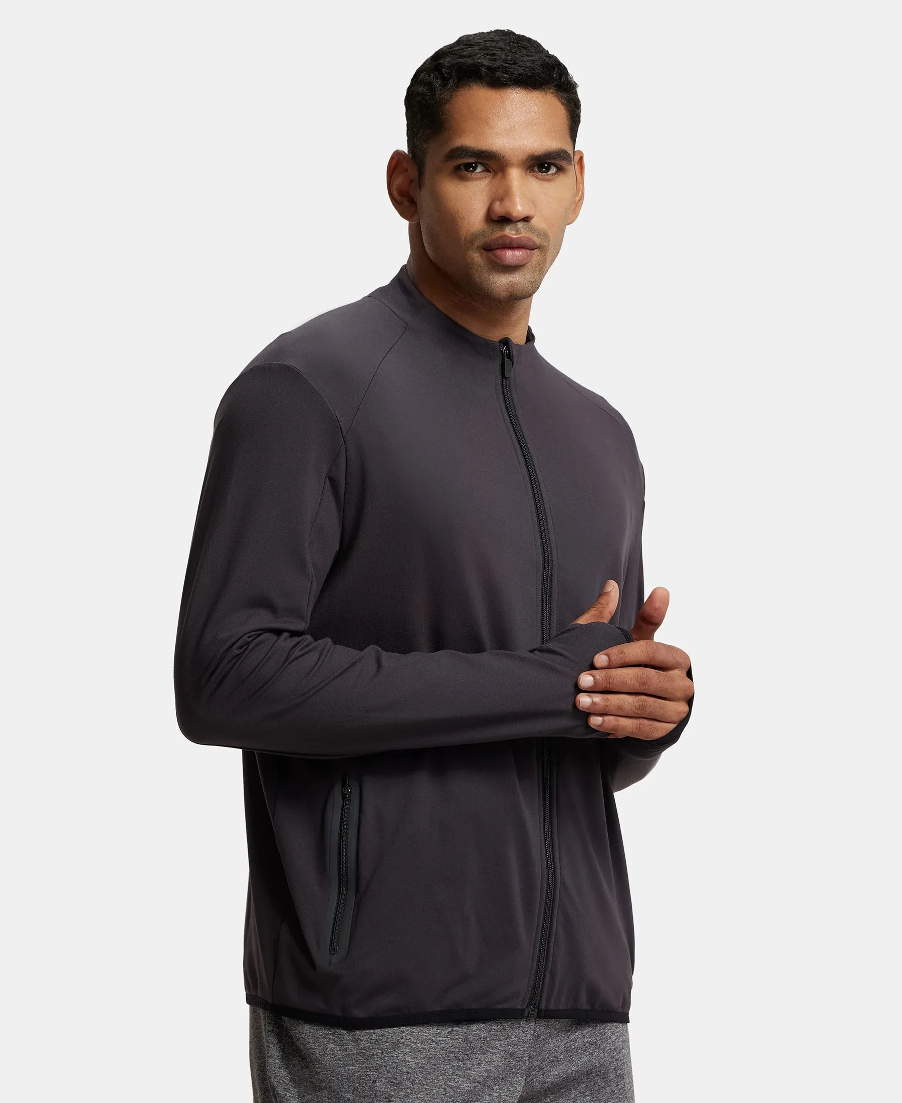 Soft Touch Microfiber Elastane Stretch Jacket with Thumbhole Styling - Obsidian