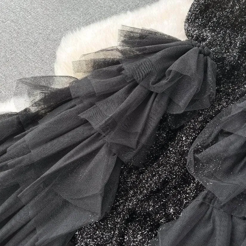 Spaghetti Strap Off-shoulder Sequin Frill Layered Hem Dress