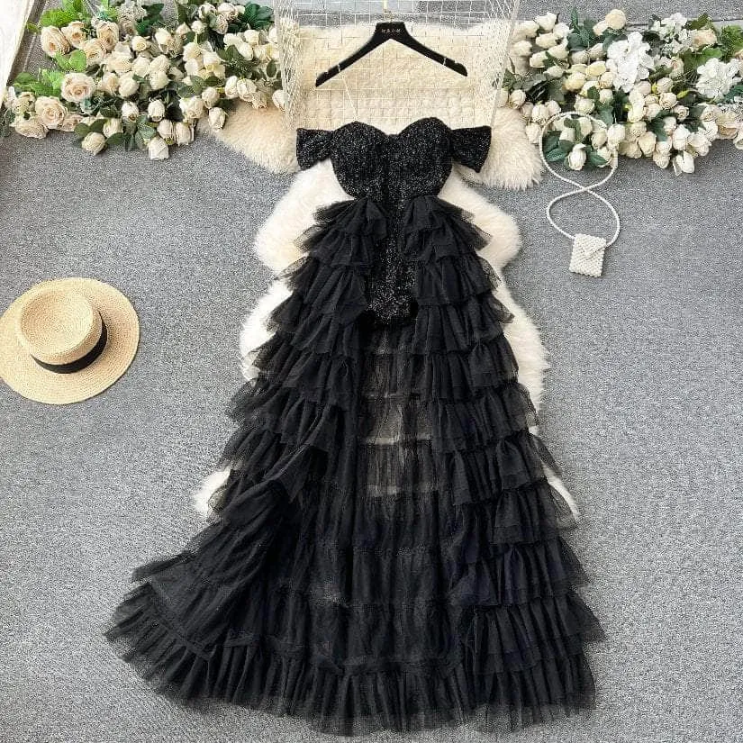 Spaghetti Strap Off-shoulder Sequin Frill Layered Hem Dress