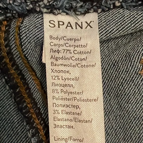 Spanx Size Large distressed blue Jean-ish ankle leggings. Medium wash.‎ EUC