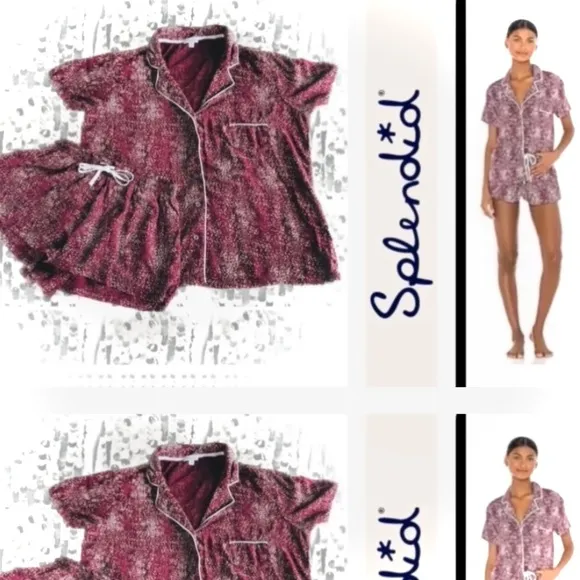 SPLENDID | S | Woven Drawstring Mini Shorts &amp; Top PJ Set in Speckled Dots Maroon