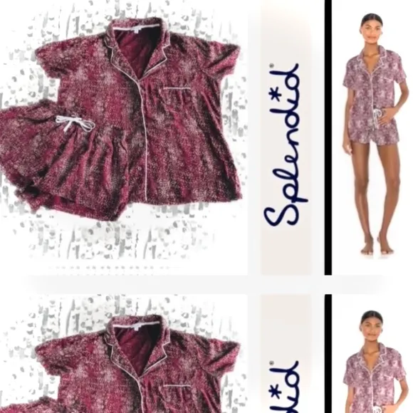 SPLENDID | S | Woven Drawstring Mini Shorts &amp; Top PJ Set in Speckled Dots Maroon