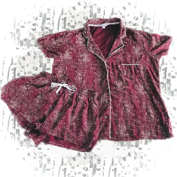 SPLENDID | S | Woven Drawstring Mini Shorts &amp; Top PJ Set in Speckled Dots Maroon