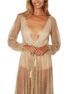 Steep V-Neck Dress with Semi Sher Material and Long Sleeves