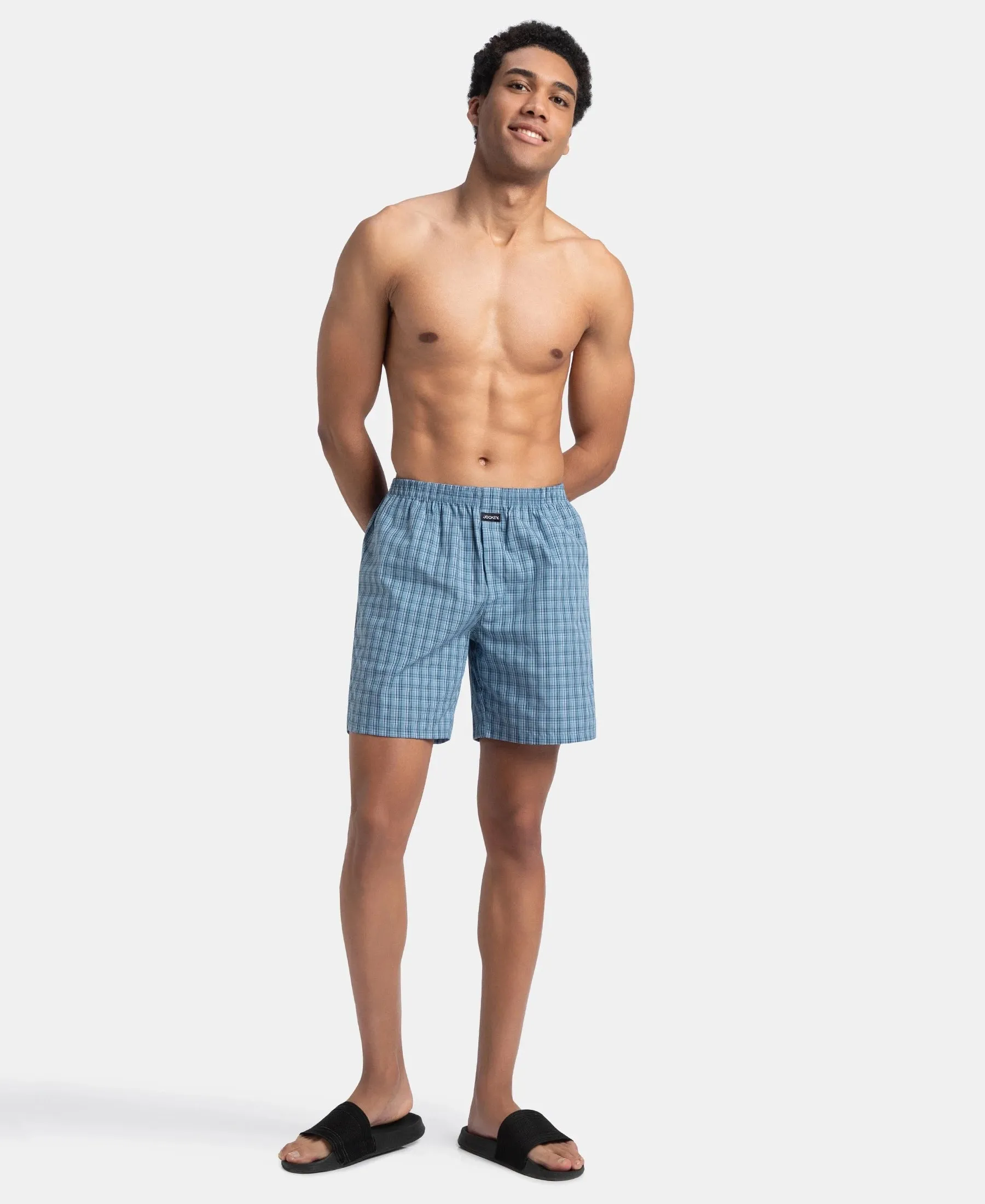 Super Combed Mercerized Cotton Woven Checkered Boxer Shorts with Side Pocket - Navy & Blue Shadow (Pack of 2)
