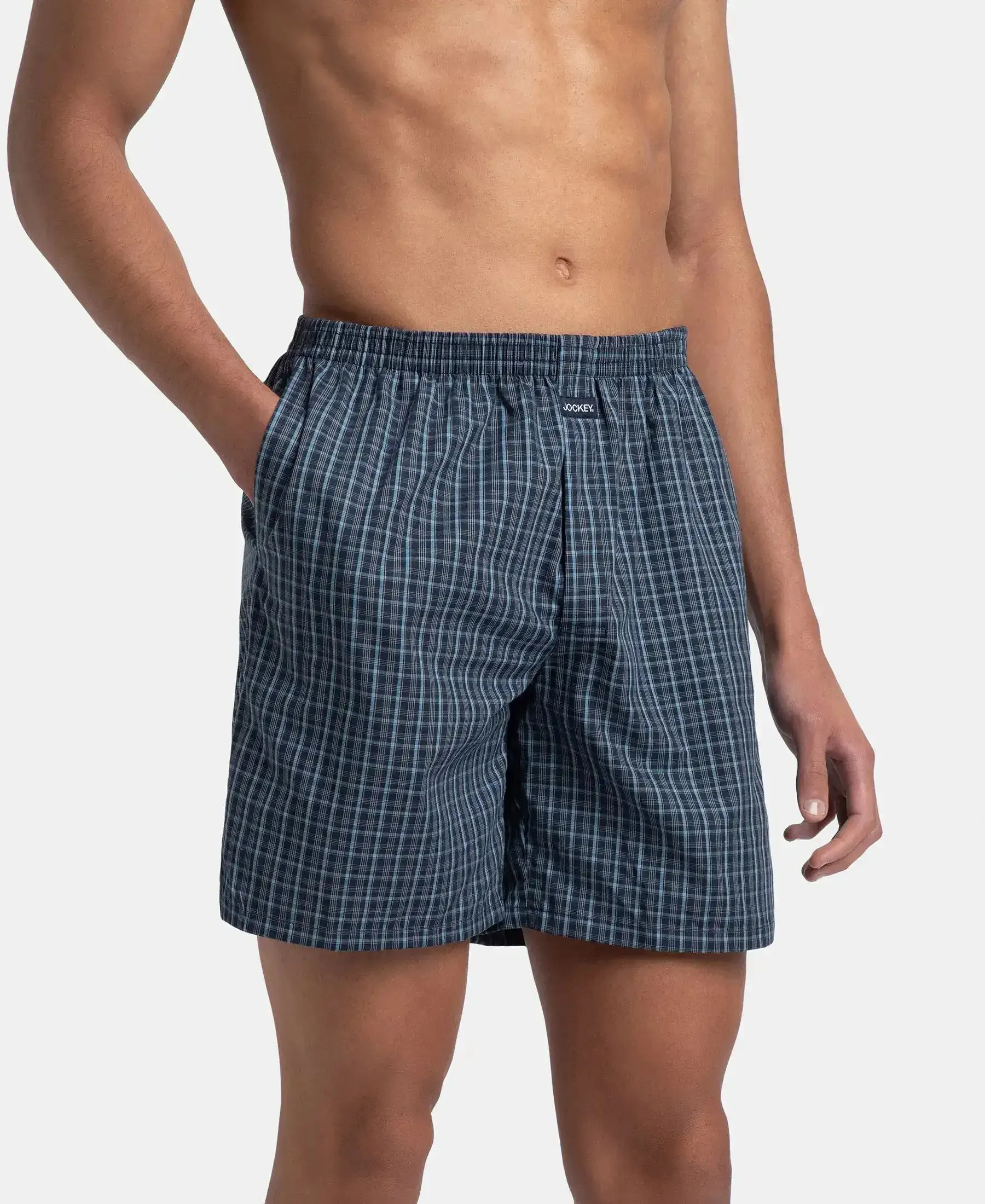 Super Combed Mercerized Cotton Woven Checkered Boxer Shorts with Side Pocket - Navy & Blue Shadow (Pack of 2)