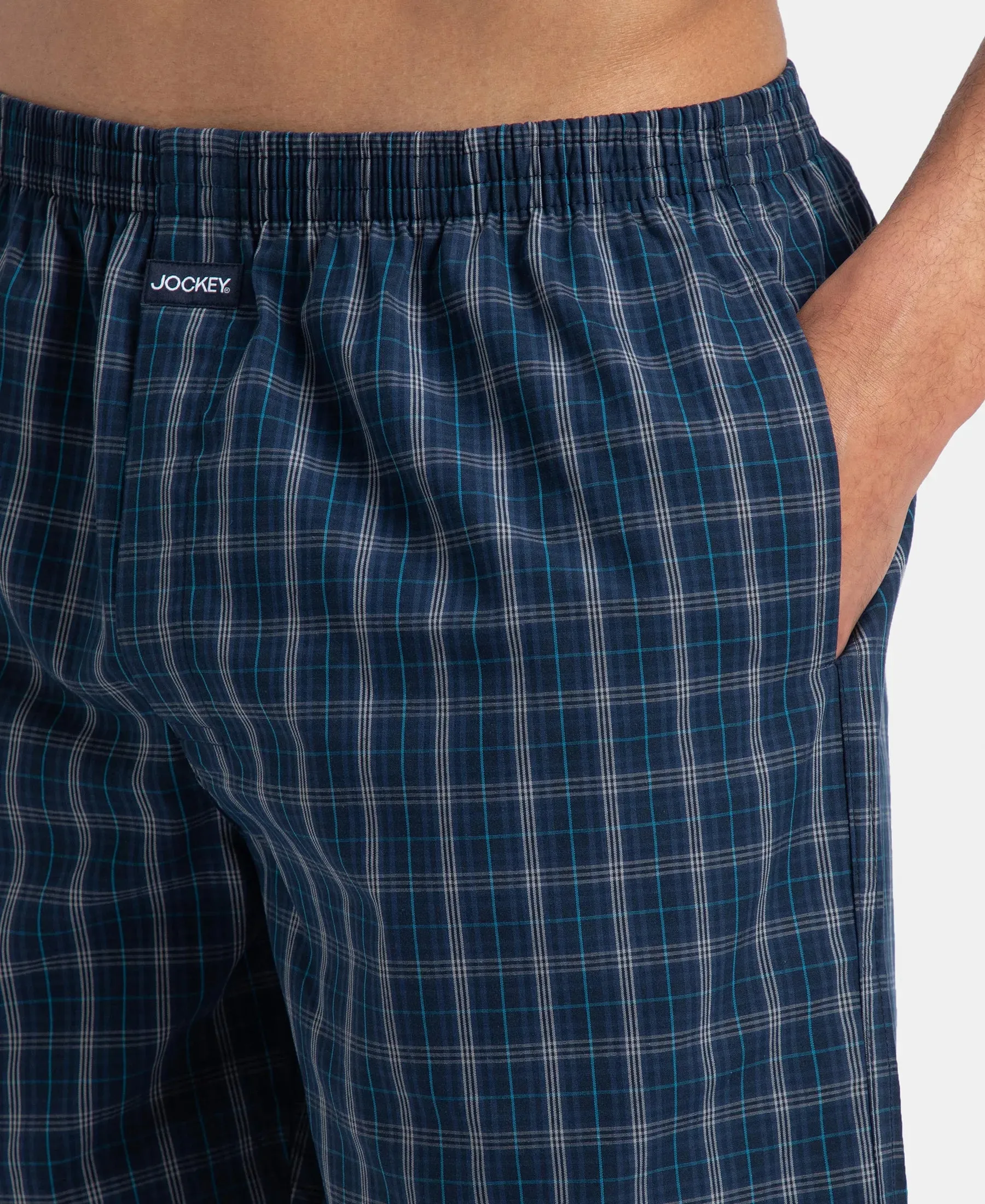Super Combed Mercerized Cotton Woven Checkered Boxer Shorts with Side Pocket - Navy & Seaport Teal (Pack of 2)