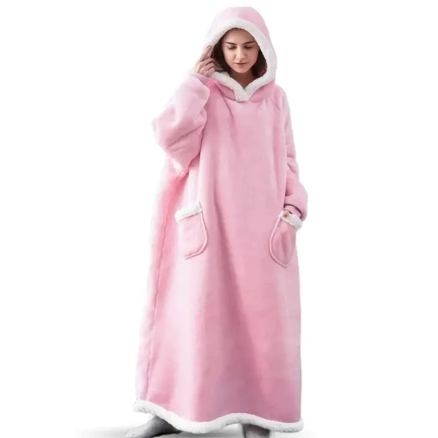 Super Long Warm Flannel Blanket with Sleeves Winter Oversized Lovers Hoodies Women Men Pullover Fleece TV Blanket Christmas Gift