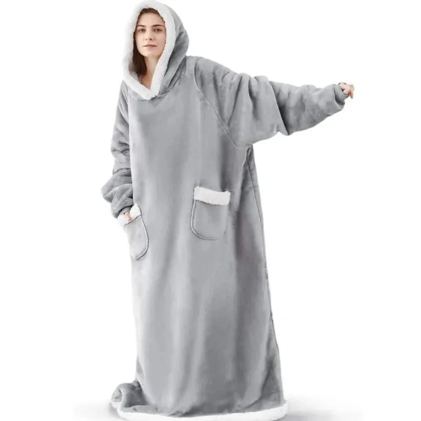 Super Long Warm Flannel Blanket with Sleeves Winter Oversized Lovers Hoodies Women Men Pullover Fleece TV Blanket Christmas Gift