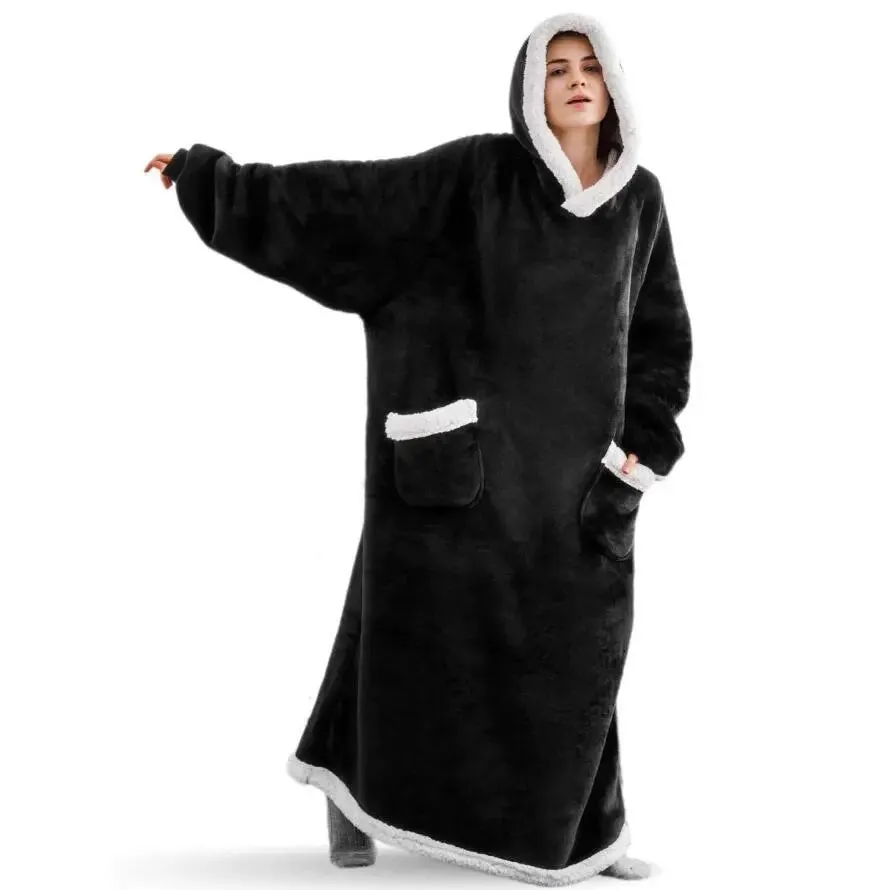 Super Long Warm Flannel Blanket with Sleeves Winter Oversized Lovers Hoodies Women Men Pullover Fleece TV Blanket Christmas Gift