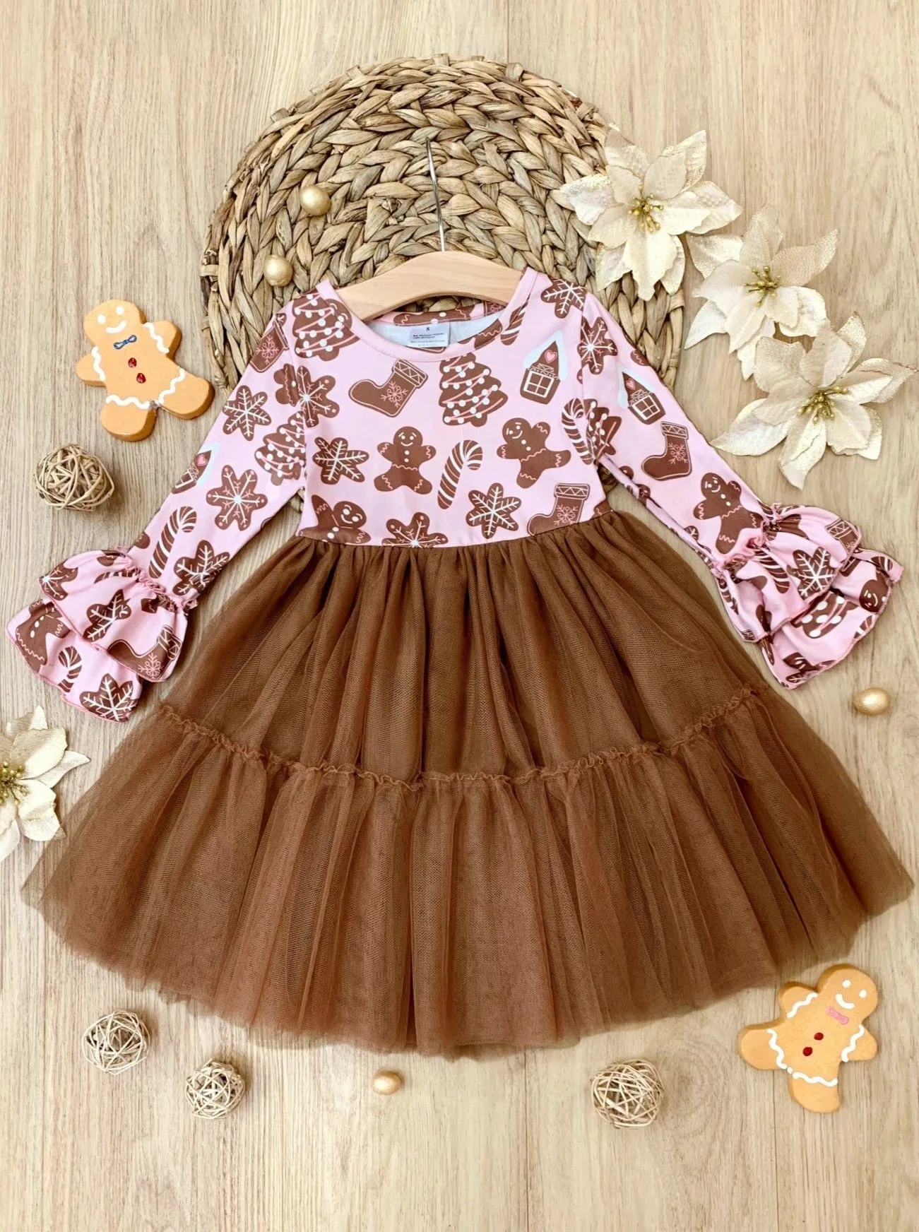 Sweet Gingerbread Friends Pink Ruffle Sleeve Tutu Dress