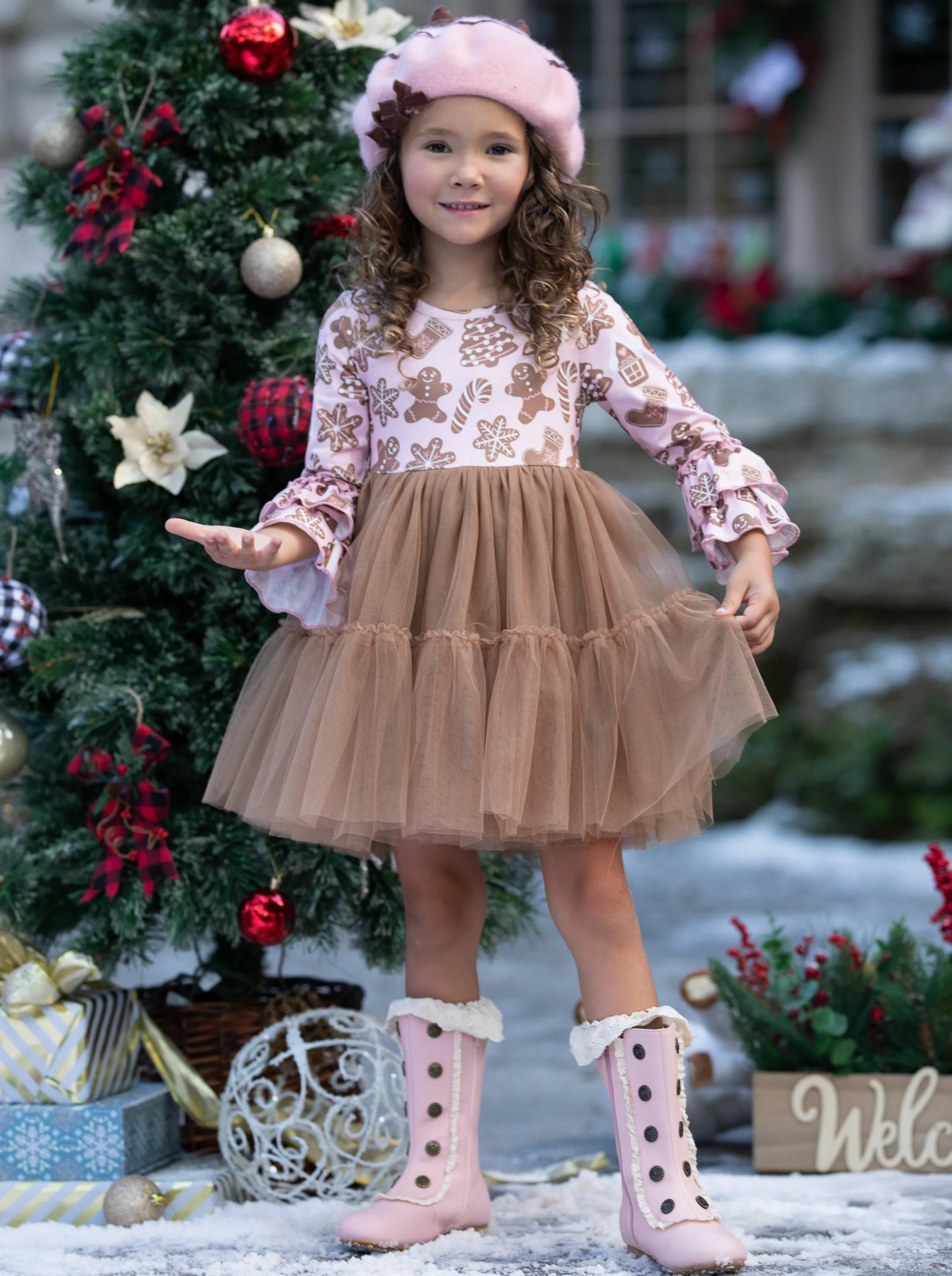 Sweet Gingerbread Friends Pink Ruffle Sleeve Tutu Dress