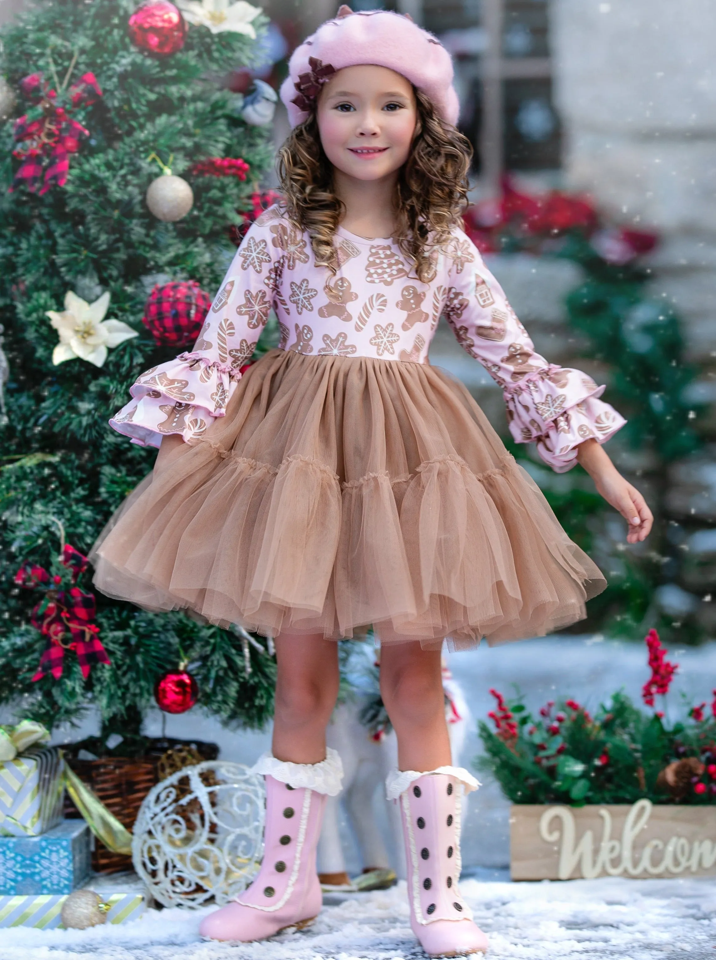 Sweet Gingerbread Friends Pink Ruffle Sleeve Tutu Dress