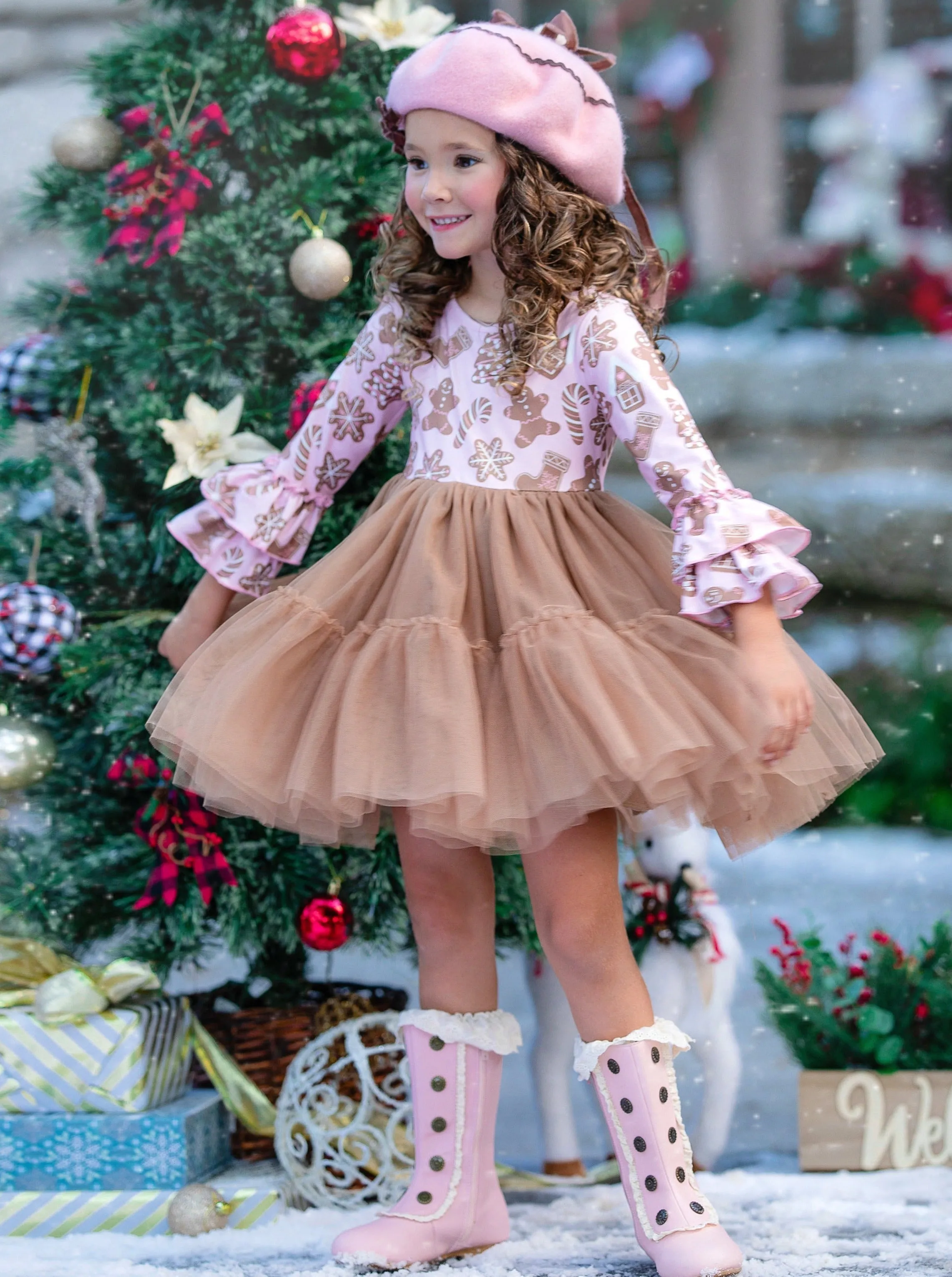 Sweet Gingerbread Friends Pink Ruffle Sleeve Tutu Dress