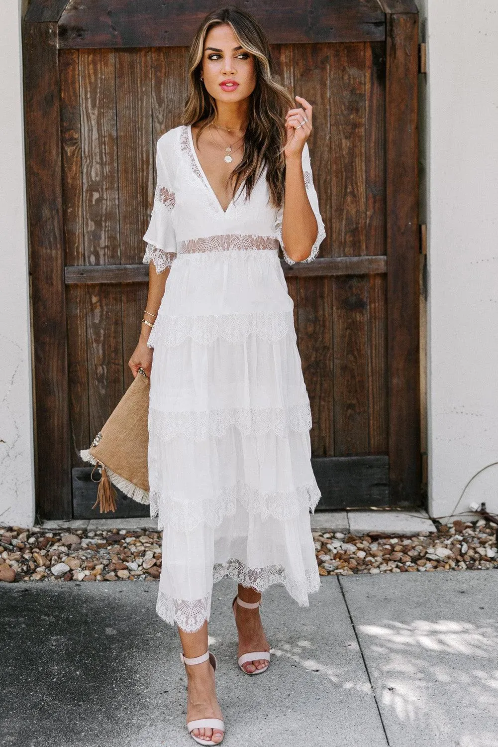 Swiss Dot Layered Maxi Dress with Lace Details