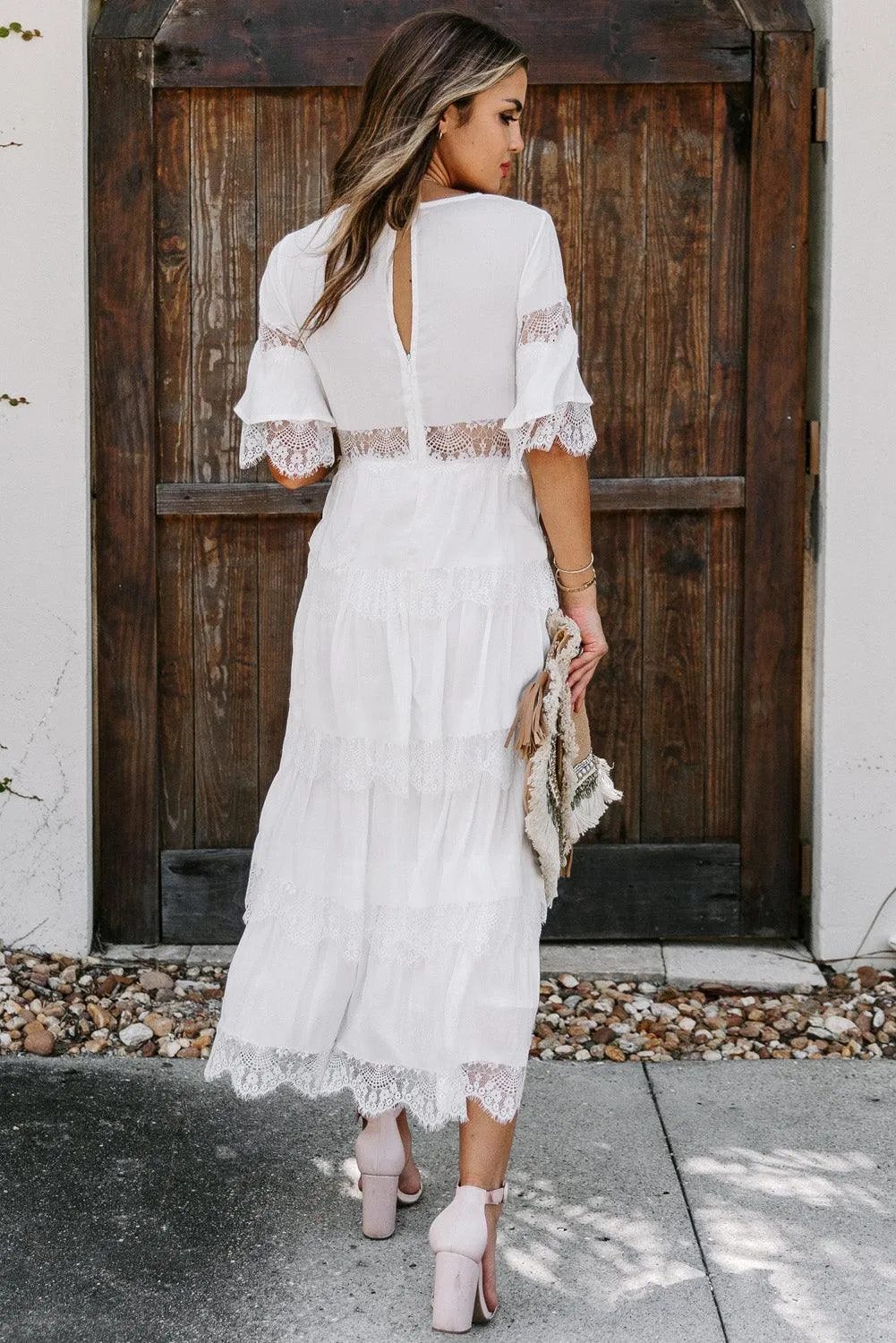 Swiss Dot Layered Maxi Dress with Lace Details