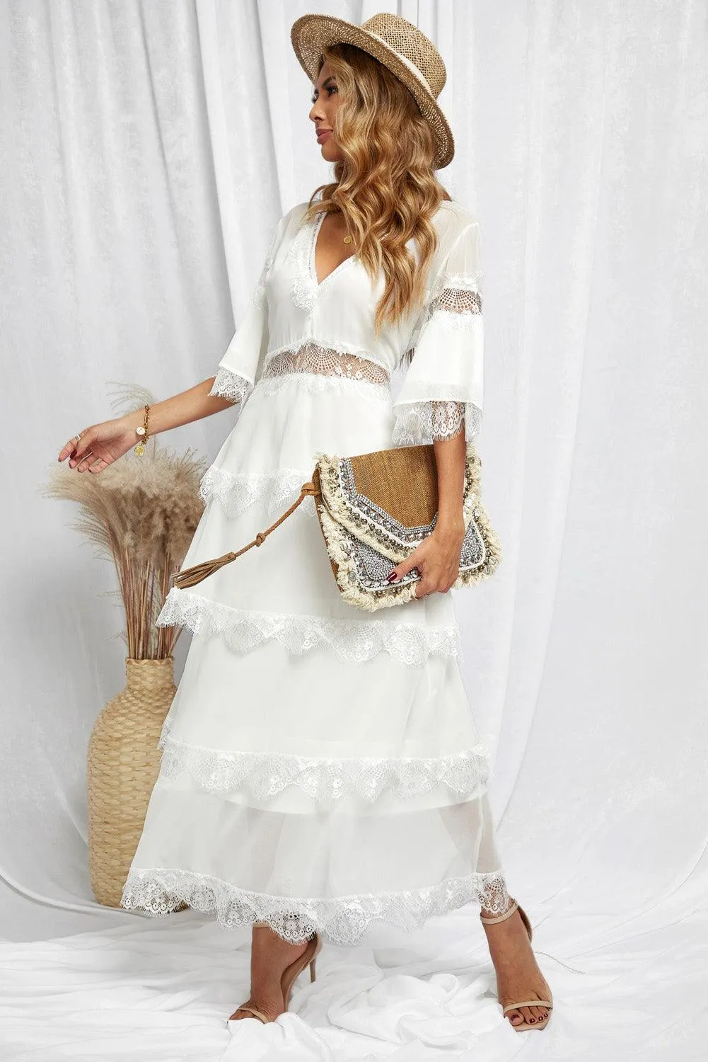 Swiss Dot Layered Maxi Dress with Lace Details