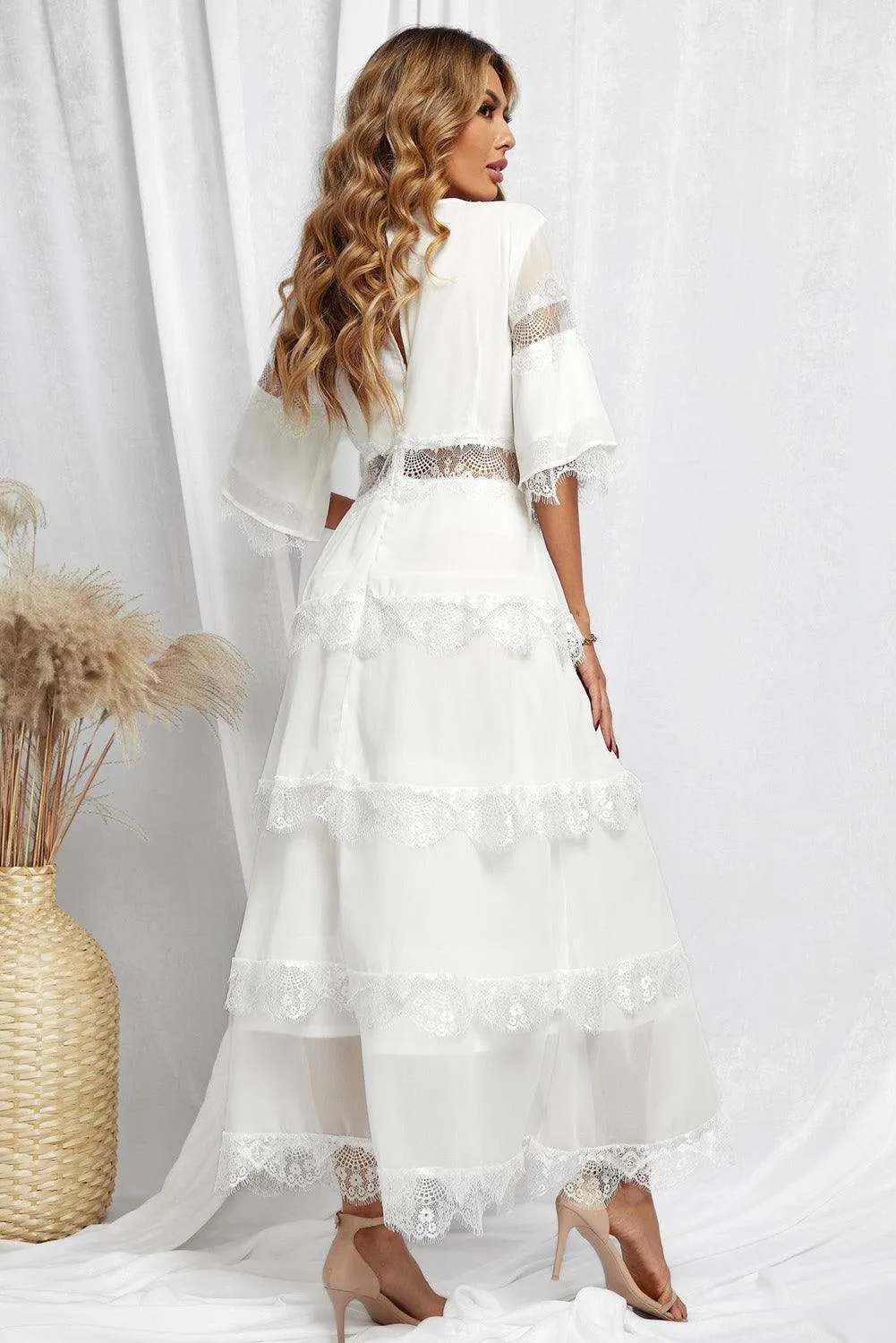 Swiss Dot Layered Maxi Dress with Lace Details