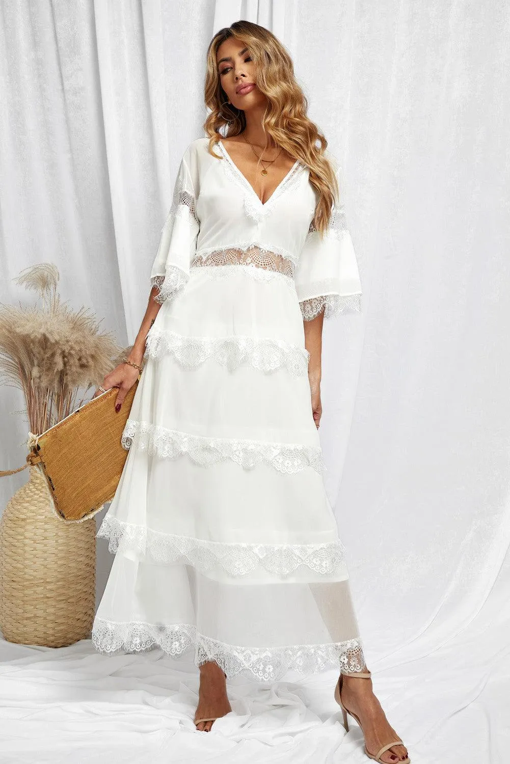 Swiss Dot Layered Maxi Dress with Lace Details