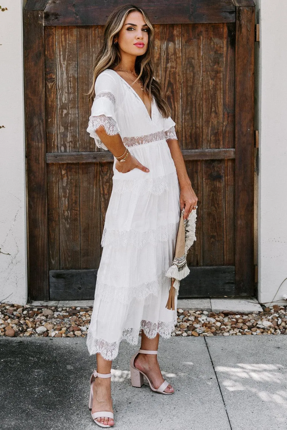 Swiss Dot Layered Maxi Dress with Lace Details