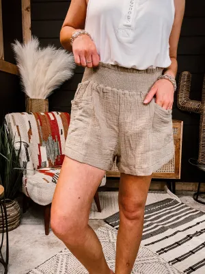 Taupe Crinkle Smock Waist Size Pocket Shorts