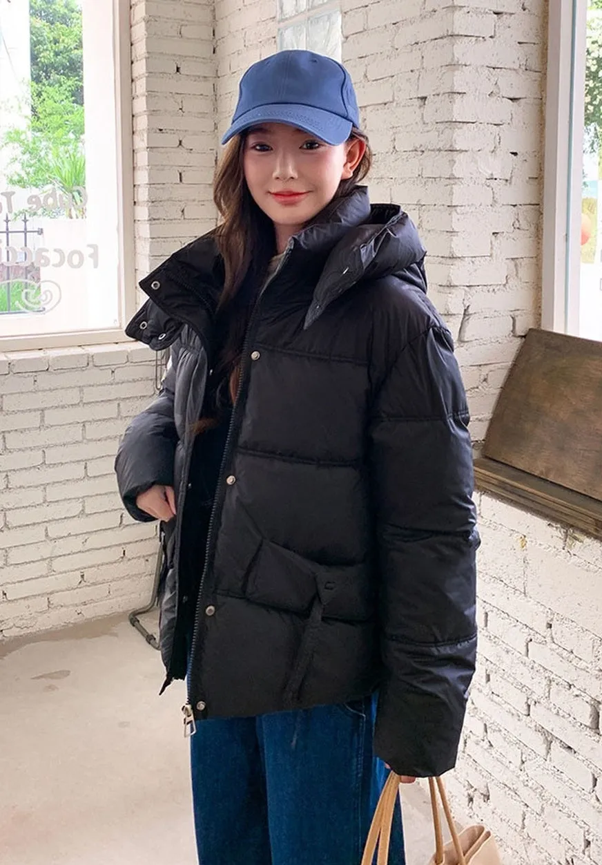 Thickened Waterproof Puffer Jacket with Hood and Full Zip Closure