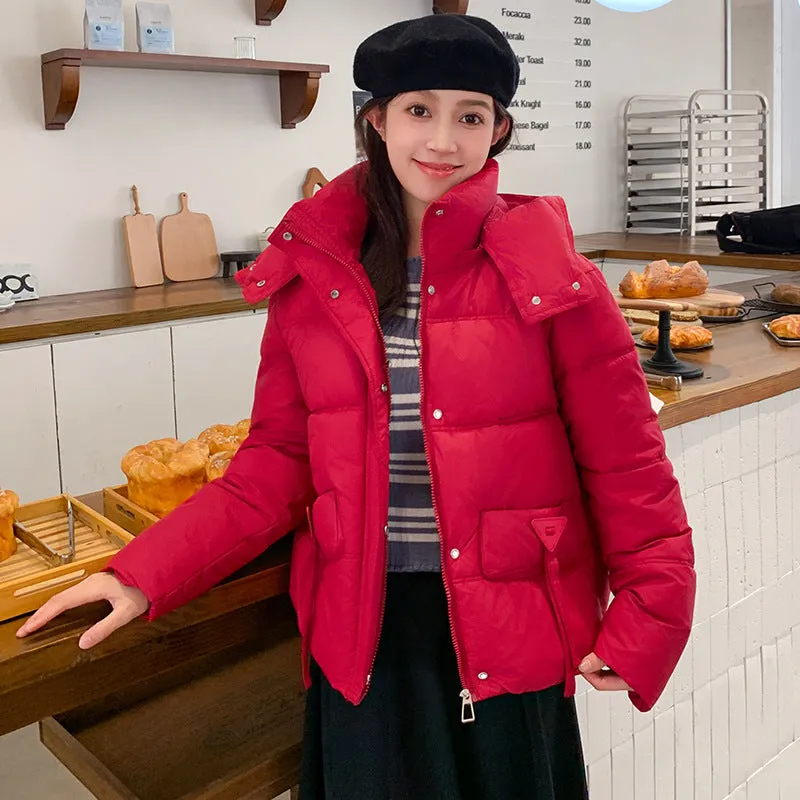 Thickened Waterproof Puffer Jacket with Hood and Full Zip Closure