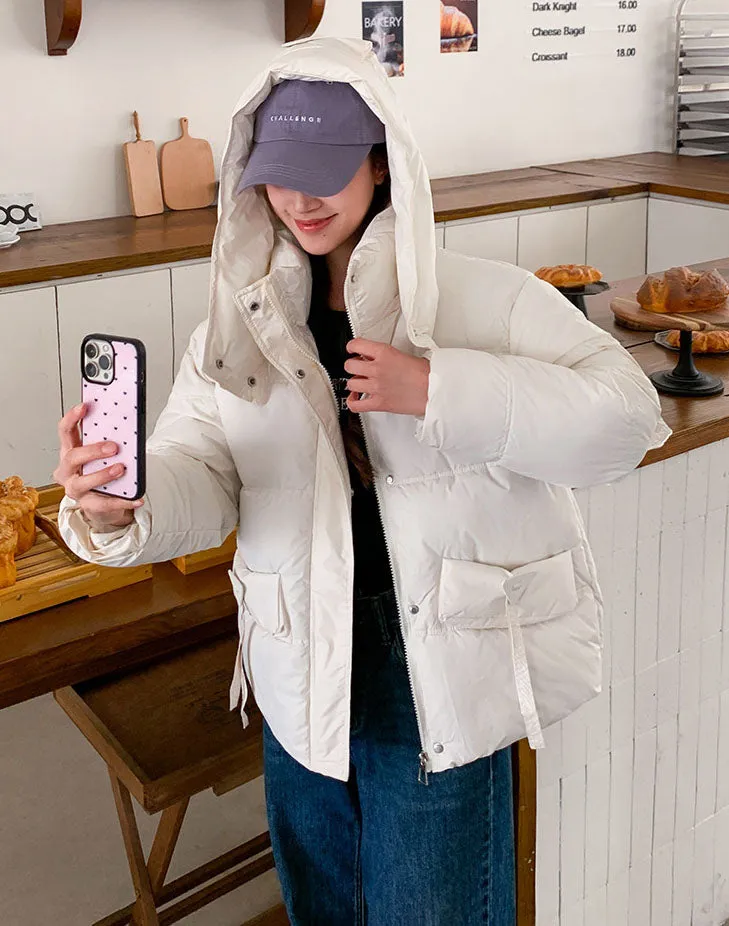 Thickened Waterproof Puffer Jacket with Hood and Full Zip Closure