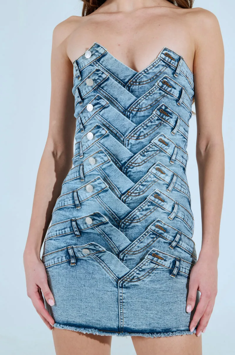 TREND SETTER LAYERED DENIM MINI DRESS IN LIGHT BLUE