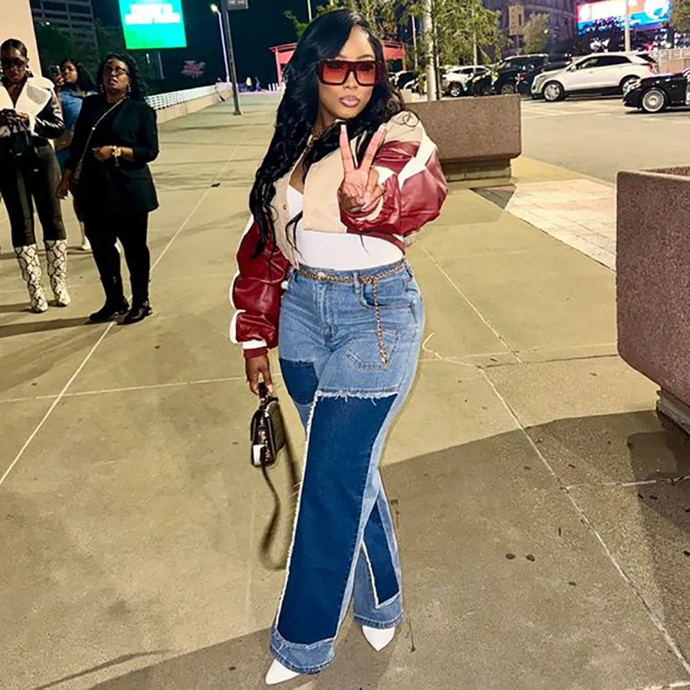 Trendy High-Waist Patchwork Wide-Leg Denim Jeans