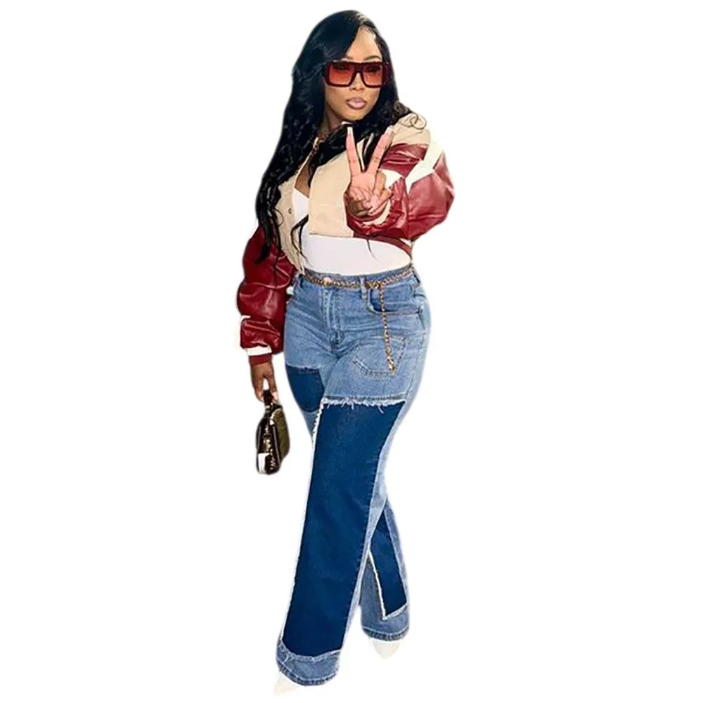 Trendy High-Waist Patchwork Wide-Leg Denim Jeans
